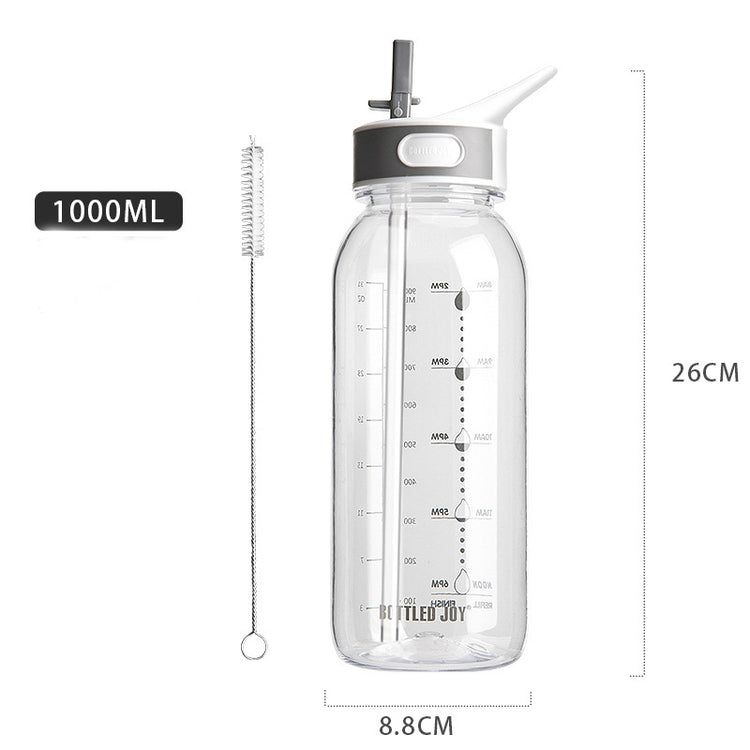 ActiveGear RO Large-capacity 1000ml sports water bottle with measuring scale and cleaning brush.