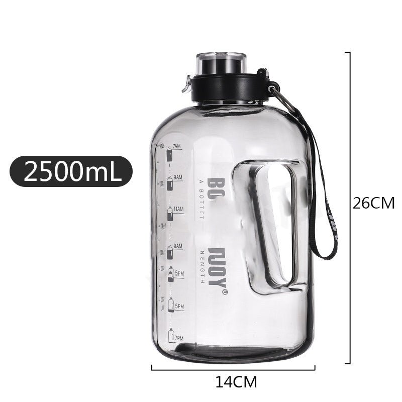 ActiveGear RO large-capacity sports water bottle, 2500ml, clear design with measurement markings for hydration tracking.