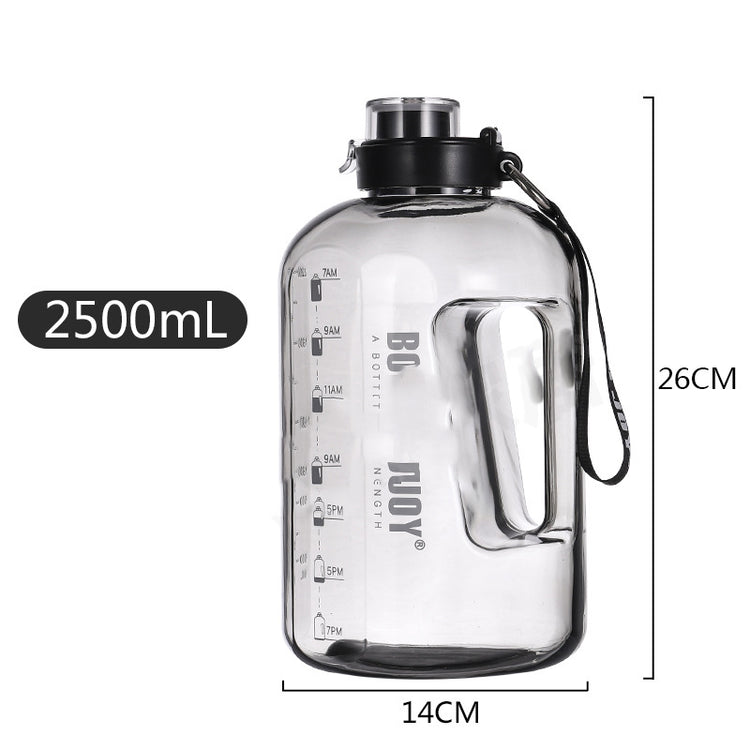 ActiveGear RO large-capacity sports water bottle, 2500ml, clear design with measurement markings for hydration tracking.
