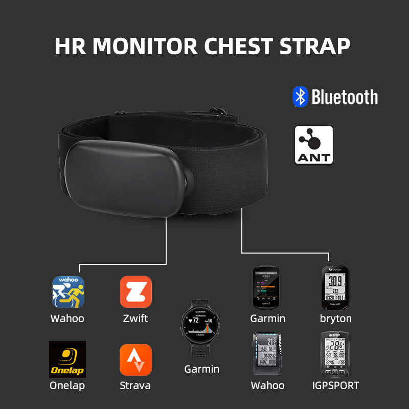 ActiveGear RO heart rate monitor chest strap with Bluetooth and ANT connectivity, compatible with various fitness apps.
