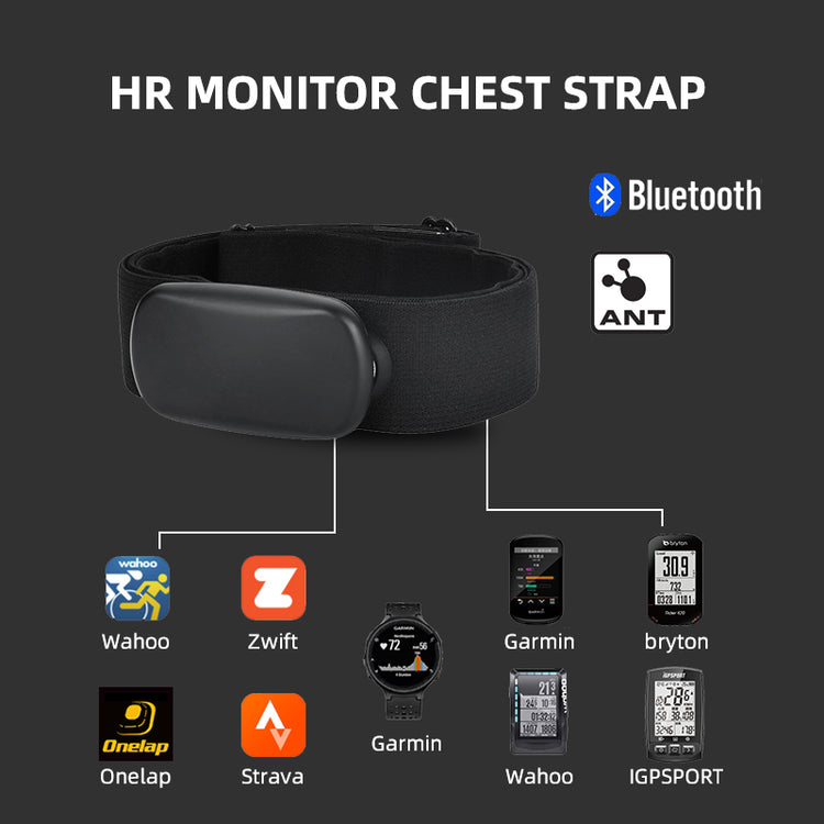 ActiveGear RO heart rate monitor chest strap with Bluetooth and ANT connectivity, compatible with various fitness apps.