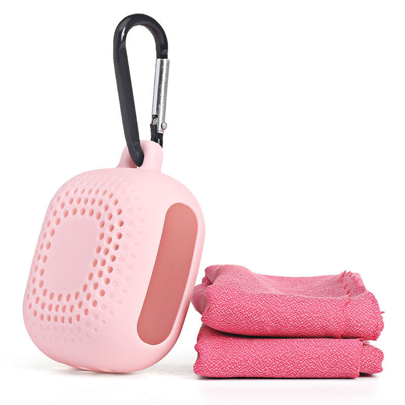 ActiveGear RO portable silicone suit bag with pink workout towels and carabiner for gym and travel.